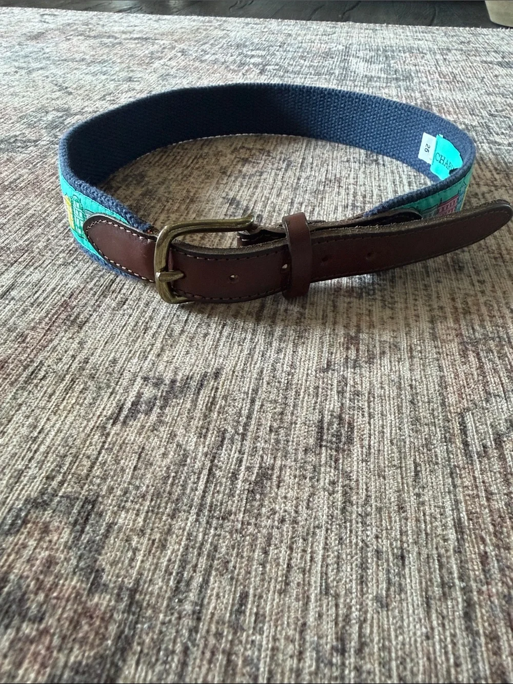 Kids Teal Webbed Belt with Brown Leather Trim